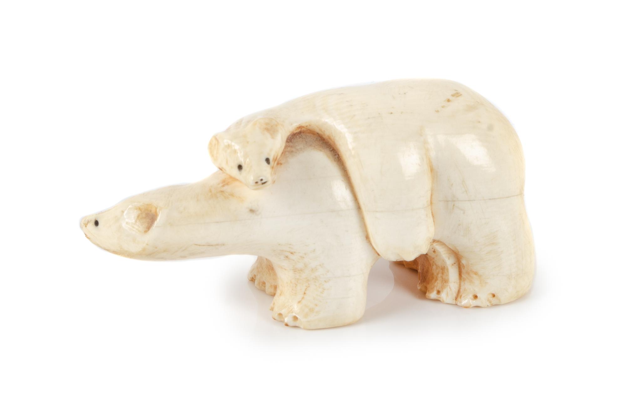 Eskimo Carved Polar Bear Mother and Baby 1 x 2 3/4 inches