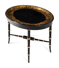 A Victorian Black Lacquer and Parcel Gilt Papier Mache Tray on Stand