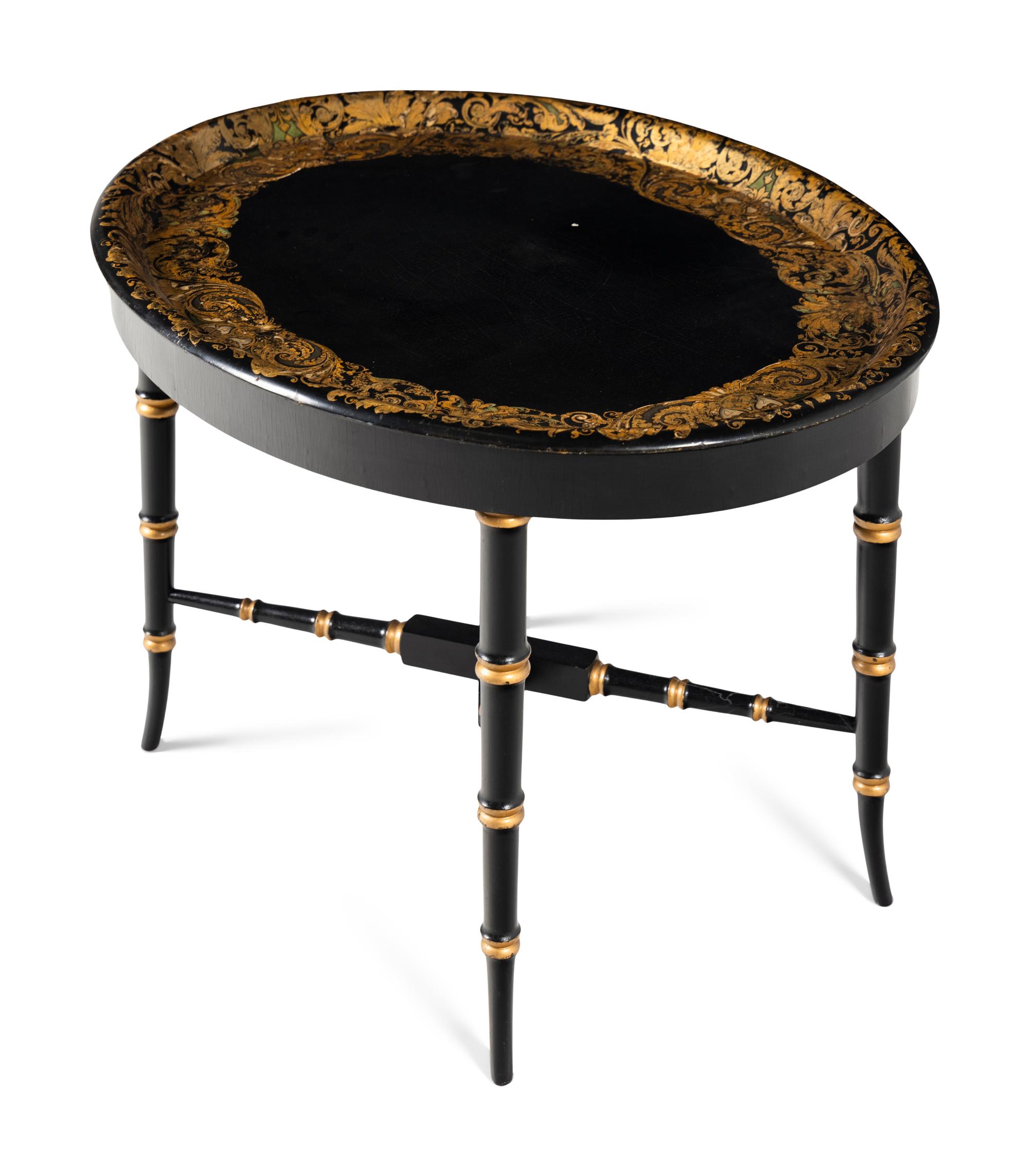 A Victorian Black Lacquer and Parcel Gilt Papier Mache Tray on Stand