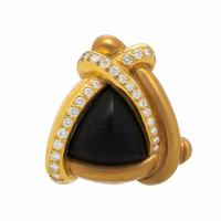 Marlene Stowe, Onyx, Diamond, and Yellow Gold Pendant Brooch and Earrings