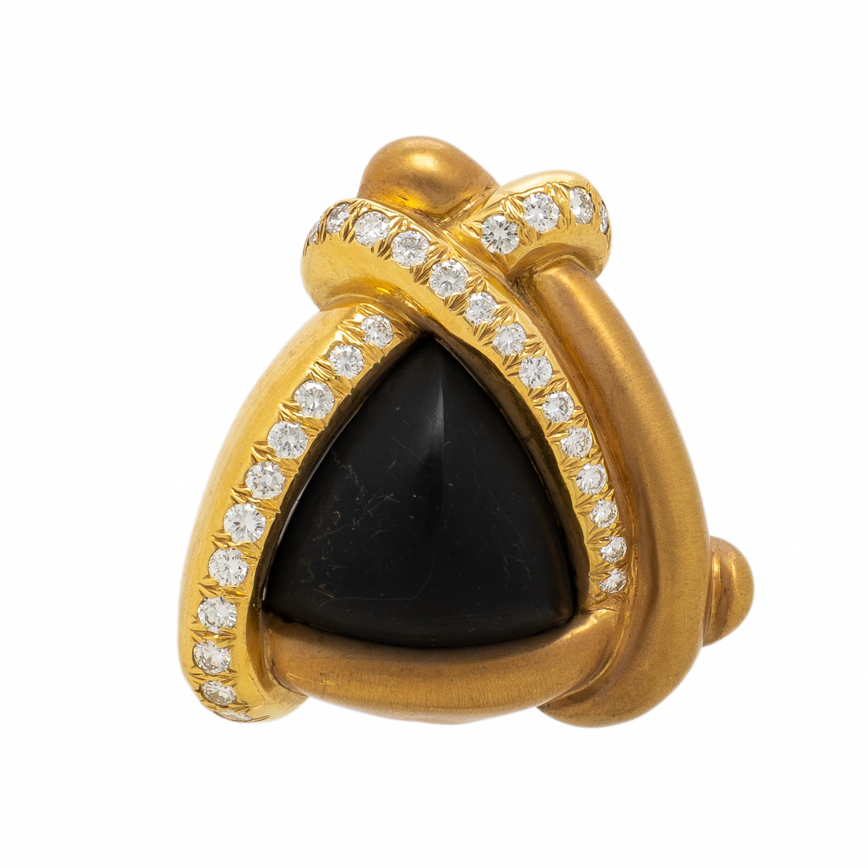 Marlene Stowe, Onyx, Diamond, and Yellow Gold Pendant Brooch and Earrings
