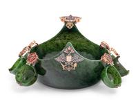 A Large Russian 14-Karat Gold, Enamel and Gemstone Mounted Spinach Jade Kovsh-Form Punch Service