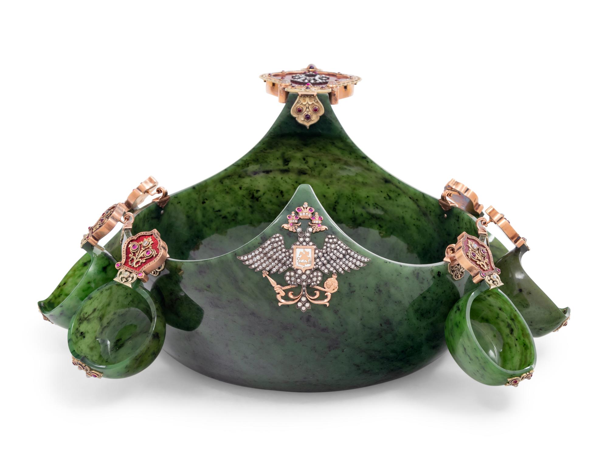 A Large Russian 14-Karat Gold, Enamel and Gemstone Mounted Spinach Jade Kovsh-Form Punch Service