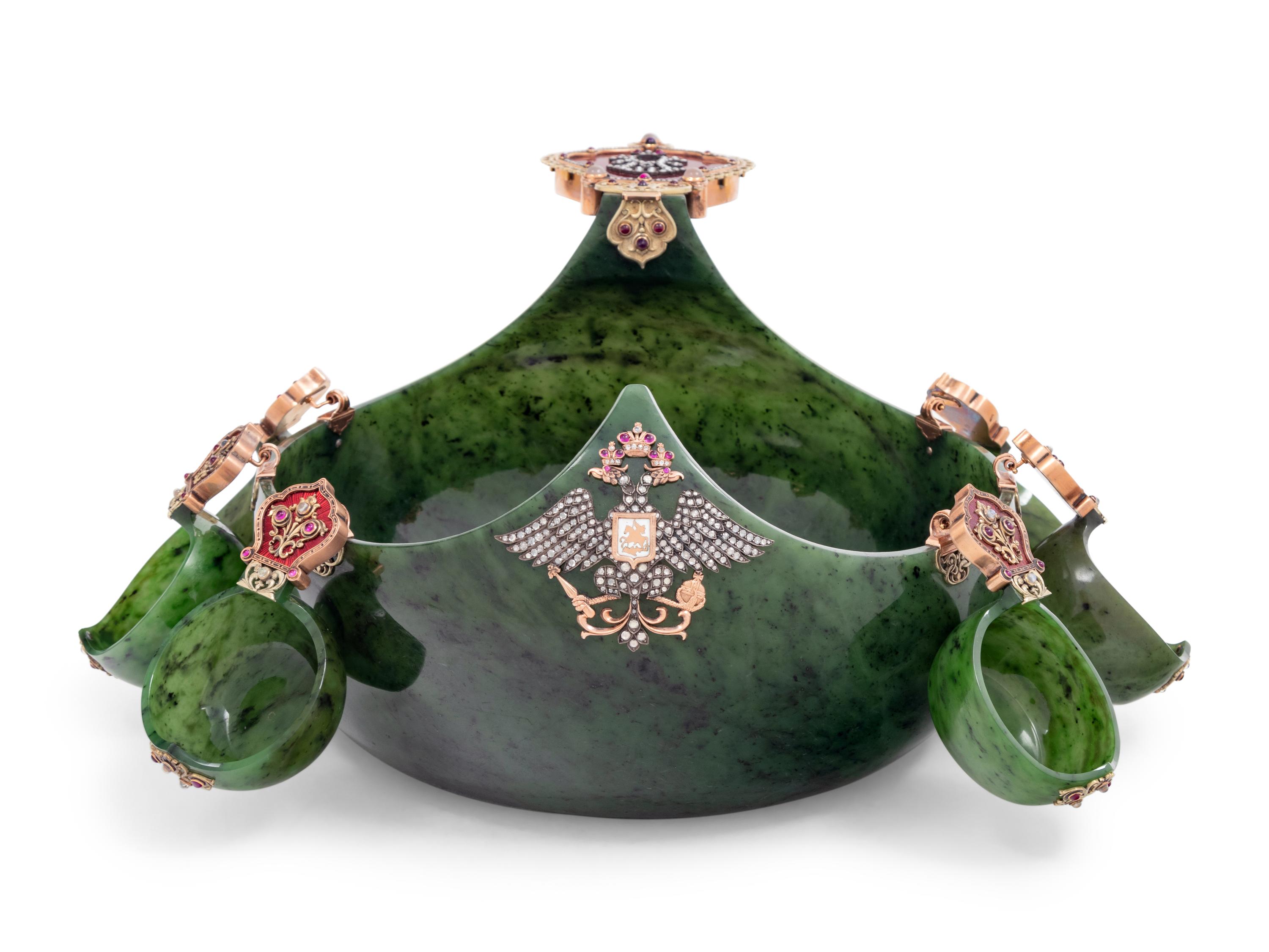 A Large Russian 14-Karat Gold, Enamel and Gemstone Mounted Spinach Jade Kovsh-Form Punch Service