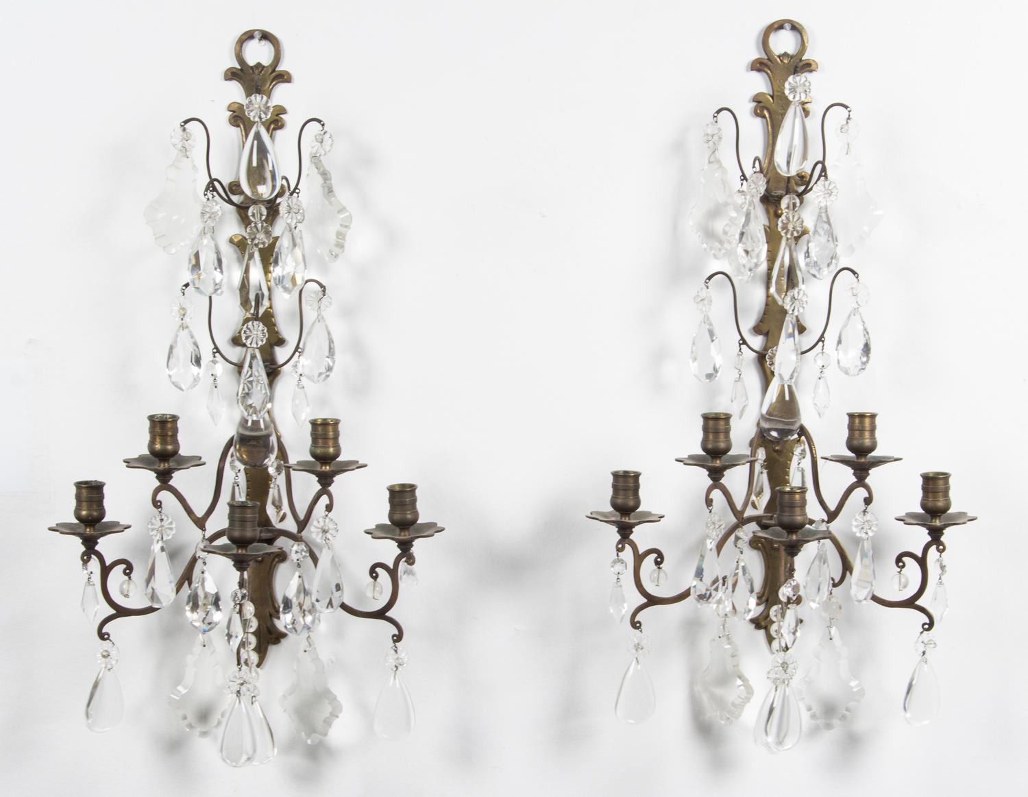 A Pair of Dutch Brass Five-Light Sconces Height 27 inches.