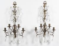 A Pair of Dutch Brass Five-Light Sconces Height 27 inches.