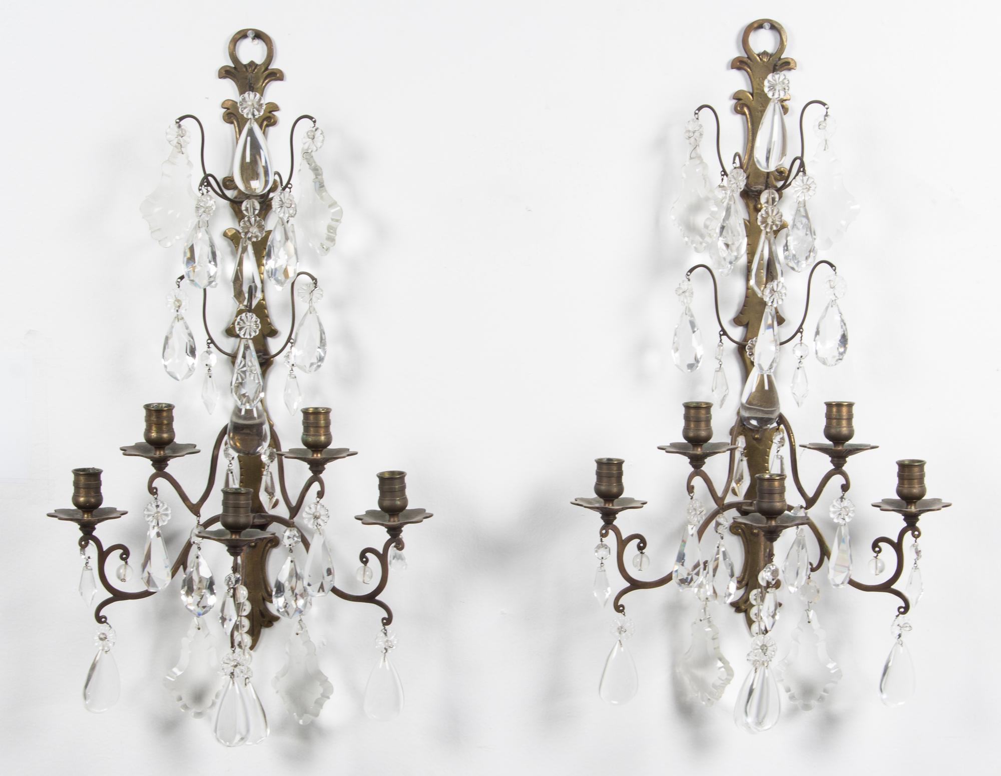 A Pair of Dutch Brass Five-Light Sconces Height 27 inches.