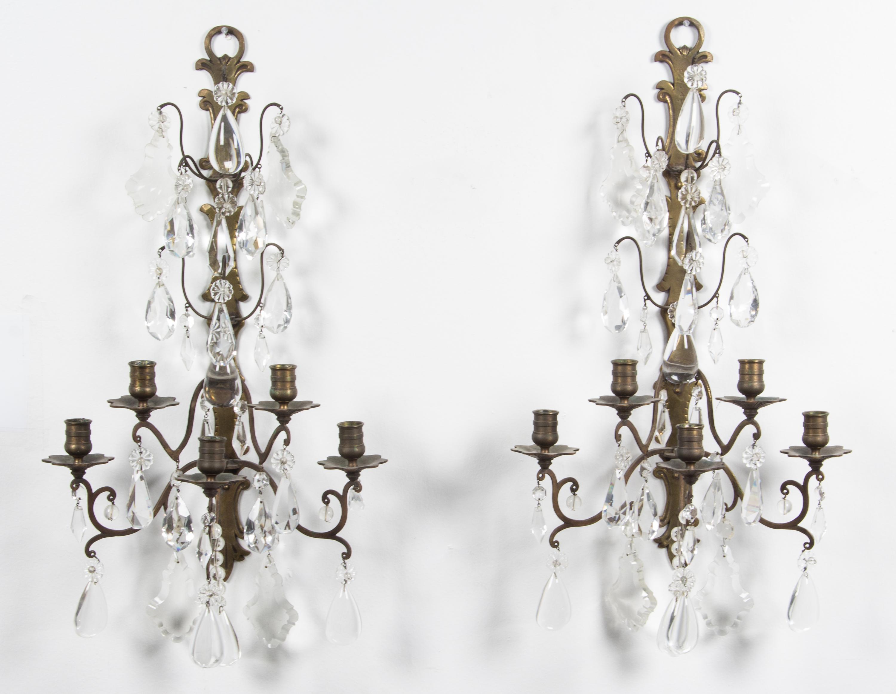 A Pair of Dutch Brass Five-Light Sconces Height 27 inches.