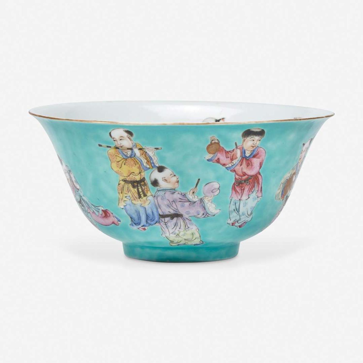 A Chinese turquoise ground "Boys" bowl 五彩松石绿地“童子”碗