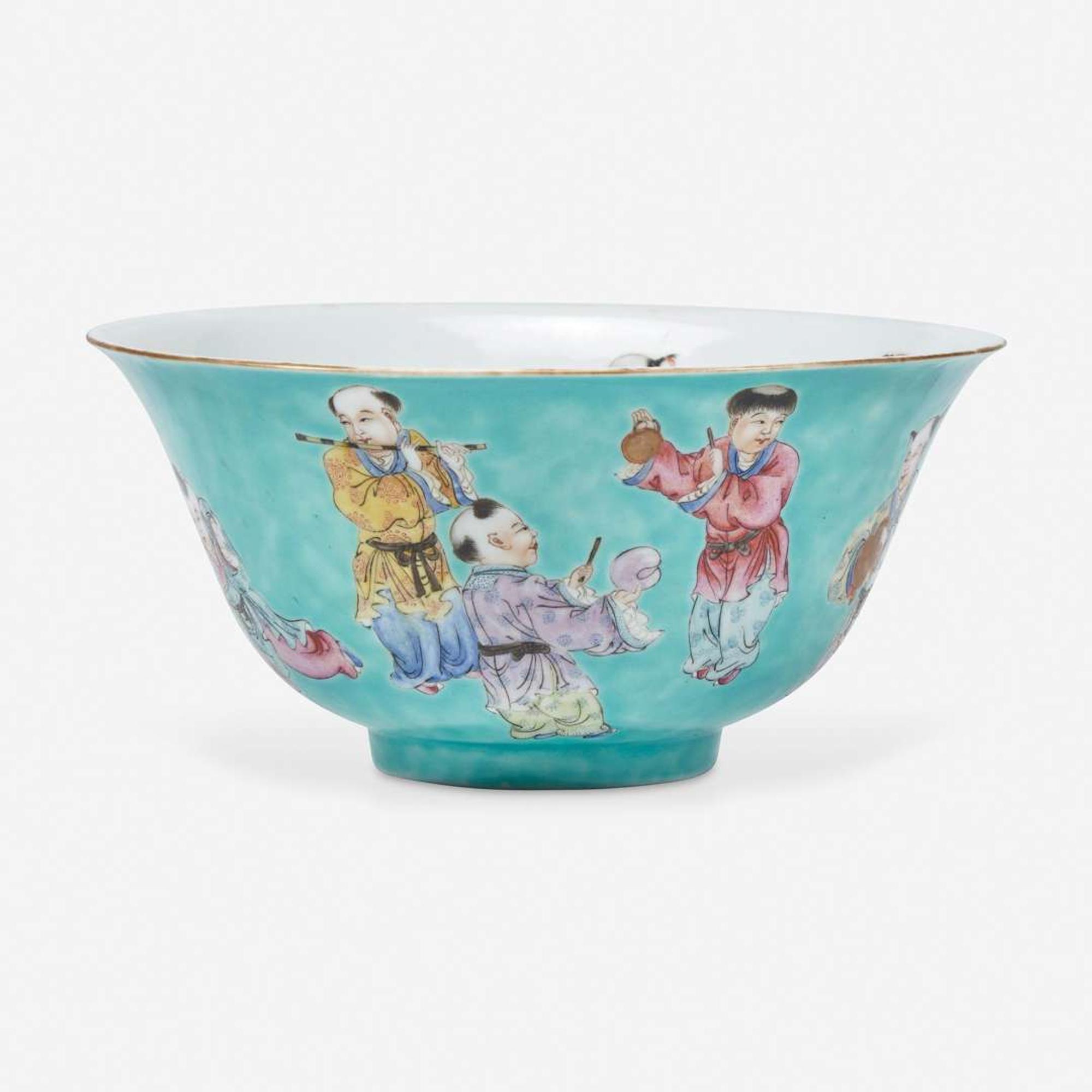 A Chinese turquoise ground "Boys" bowl 五彩松石绿地“童子”碗