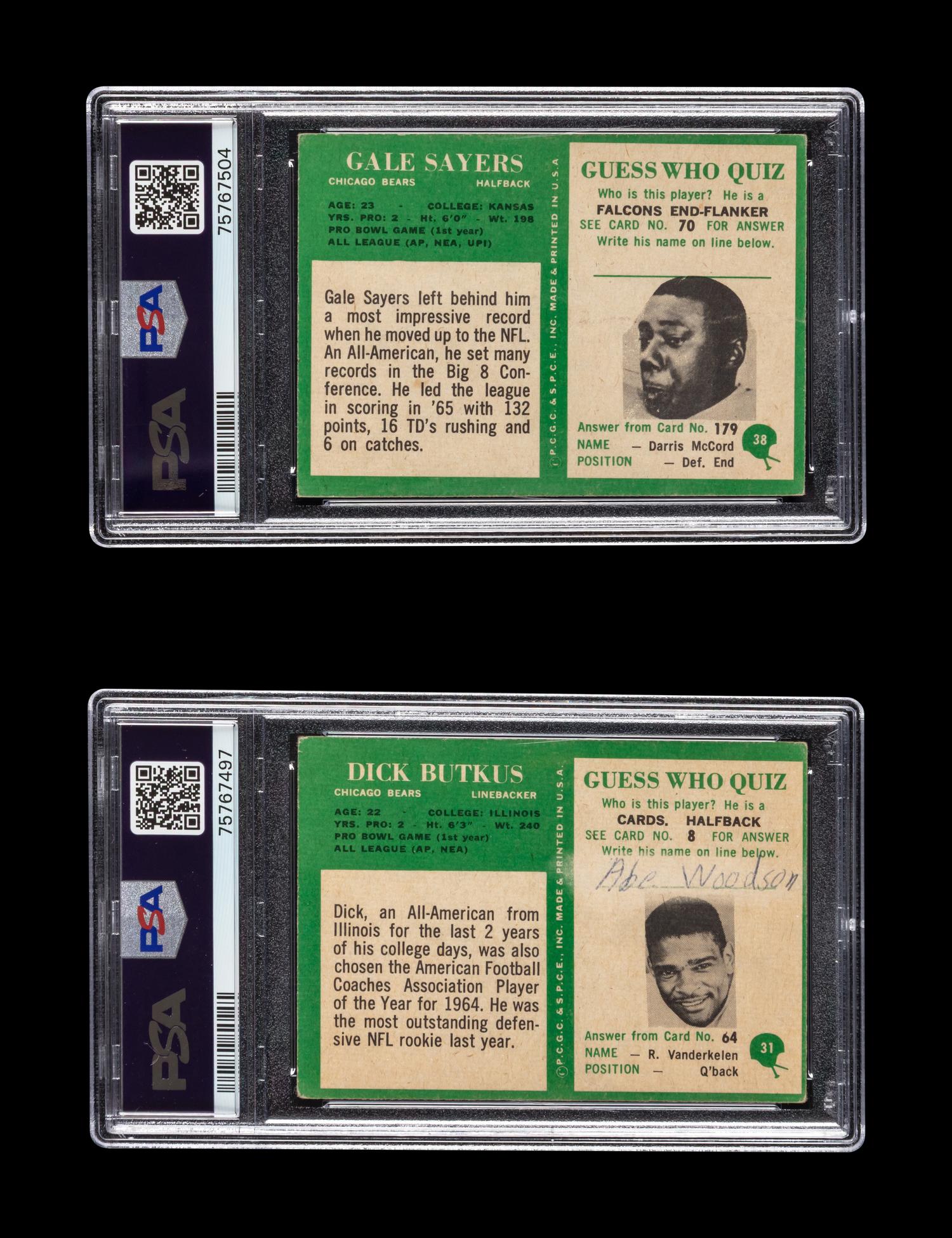 A 1966 Philadelphia Dick Butkus Rookie Football Card No. 31 (PSA 3 MK) and Gale Sayers Rookie Football Card No. 38 (PSA 2 GOOD)