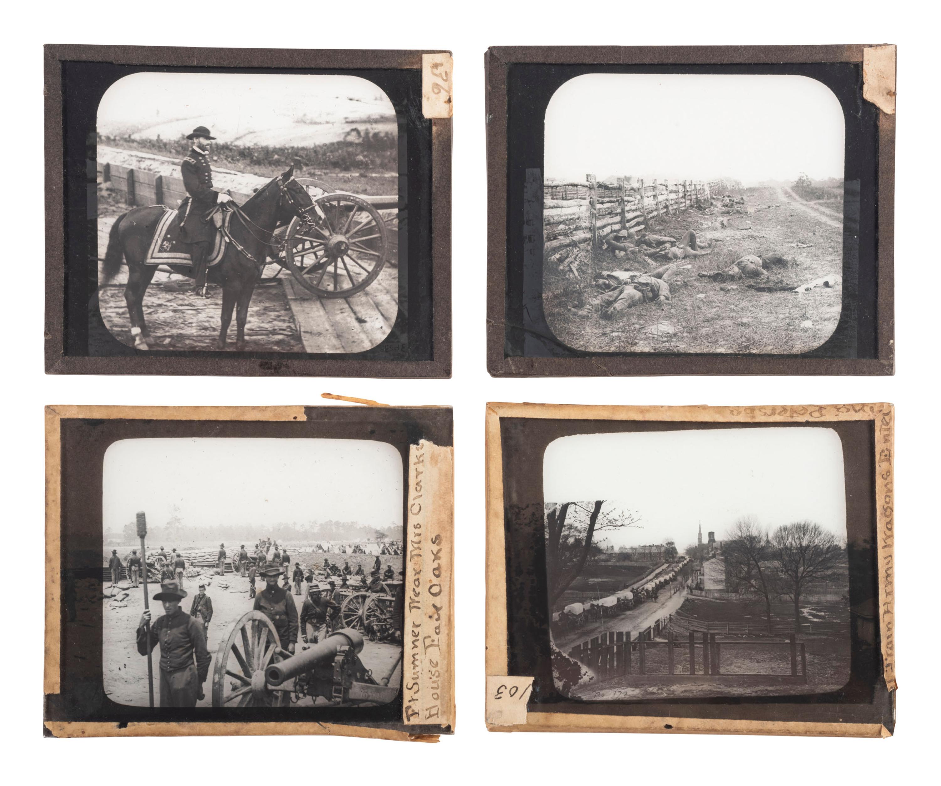 [CIVIL WAR - MAGIC LANTERN SLIDES]. A collection of 100+ assorted glass slides mostly featuring Civil War photographs, including:
