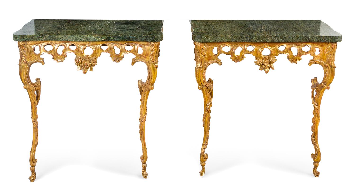 A Pair of Rococo Giltwood Console Tables Height 31 x width 29 x depth 17 inches. — 18TH CENTURY