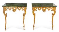 A Pair of Rococo Giltwood Console Tables Height 31 x width 29 x depth 17 inches. — 18TH CENTURY