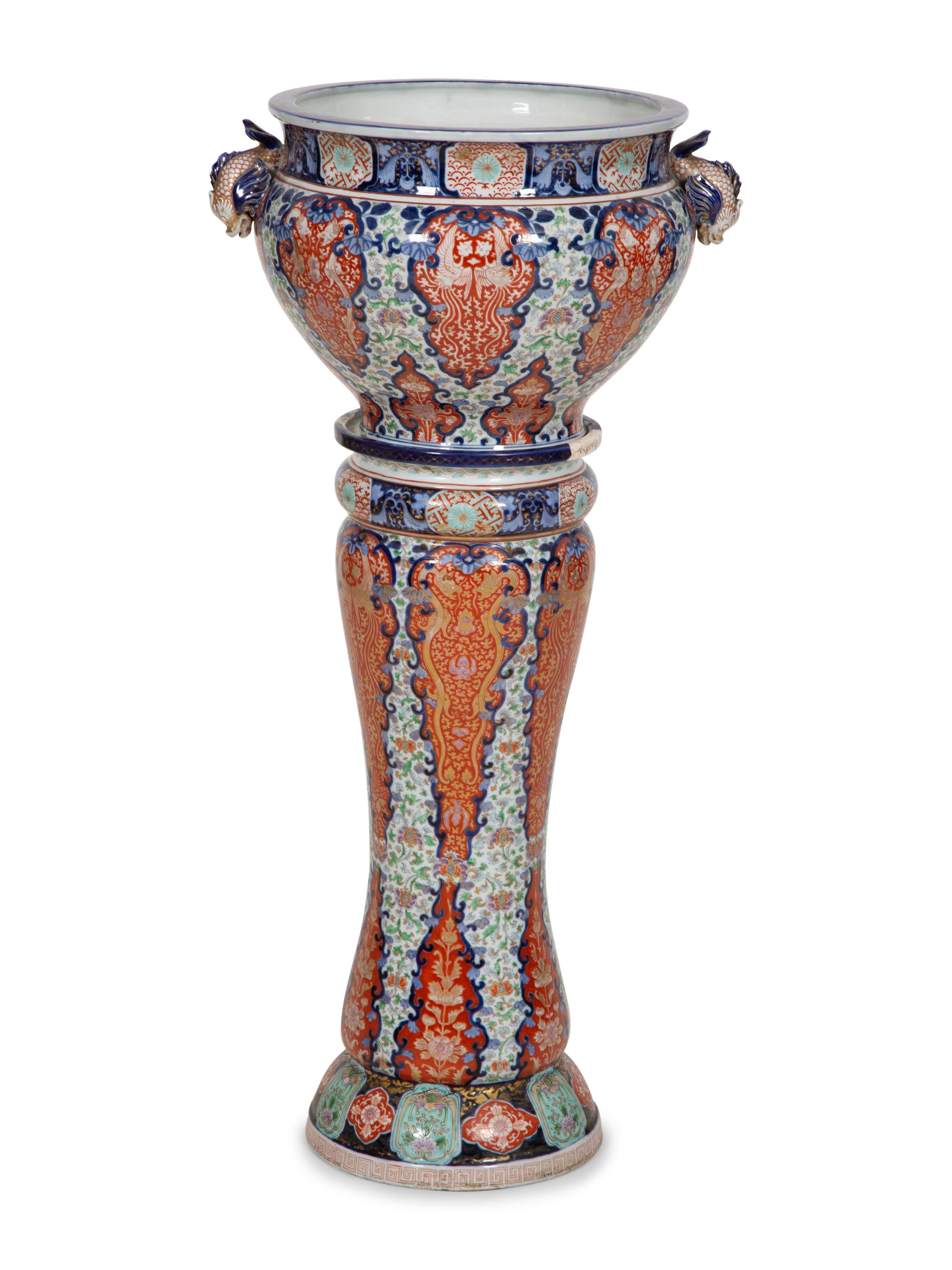 A Japanese Porcelain Jardinière and Pedestal