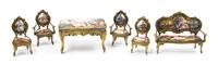 A Continental Enameled Gilt Metal Diminutive Parlor Suite, Width of table 3 5/8 inches.