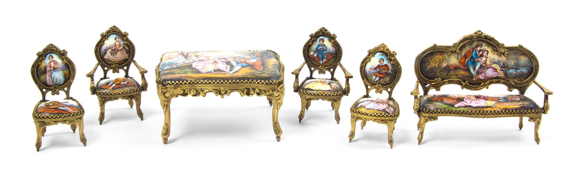 A Continental Enameled Gilt Metal Diminutive Parlor Suite, Width of table 3 5/8 inches.