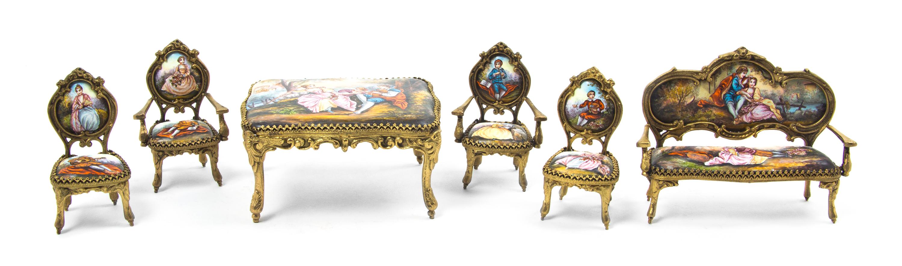 A Continental Enameled Gilt Metal Diminutive Parlor Suite, Width of table 3 5/8 inches.