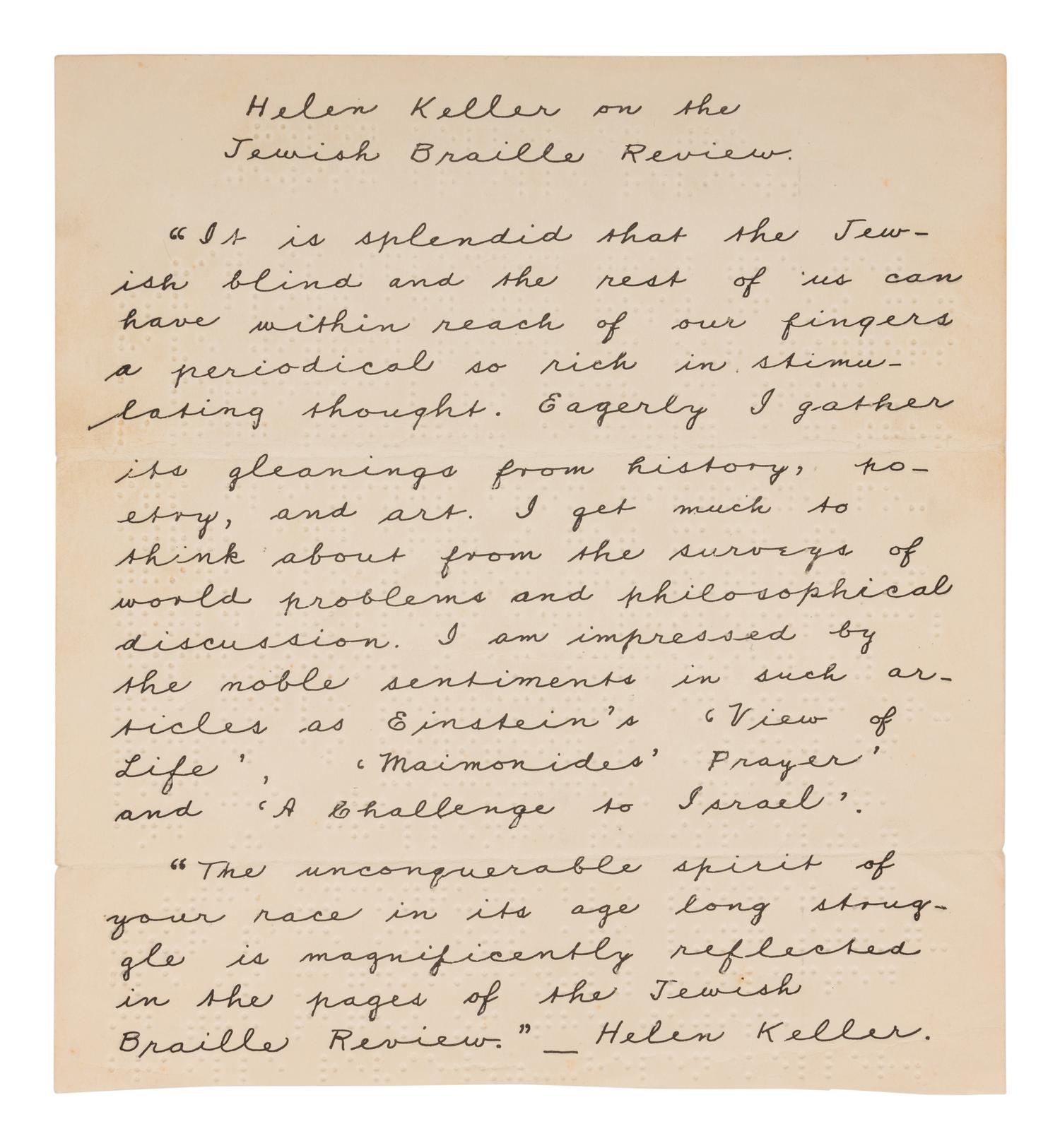 KELLER, Helen Adams (1880-1968). A group of 6 items related to Keller’s work later in life, comprising: