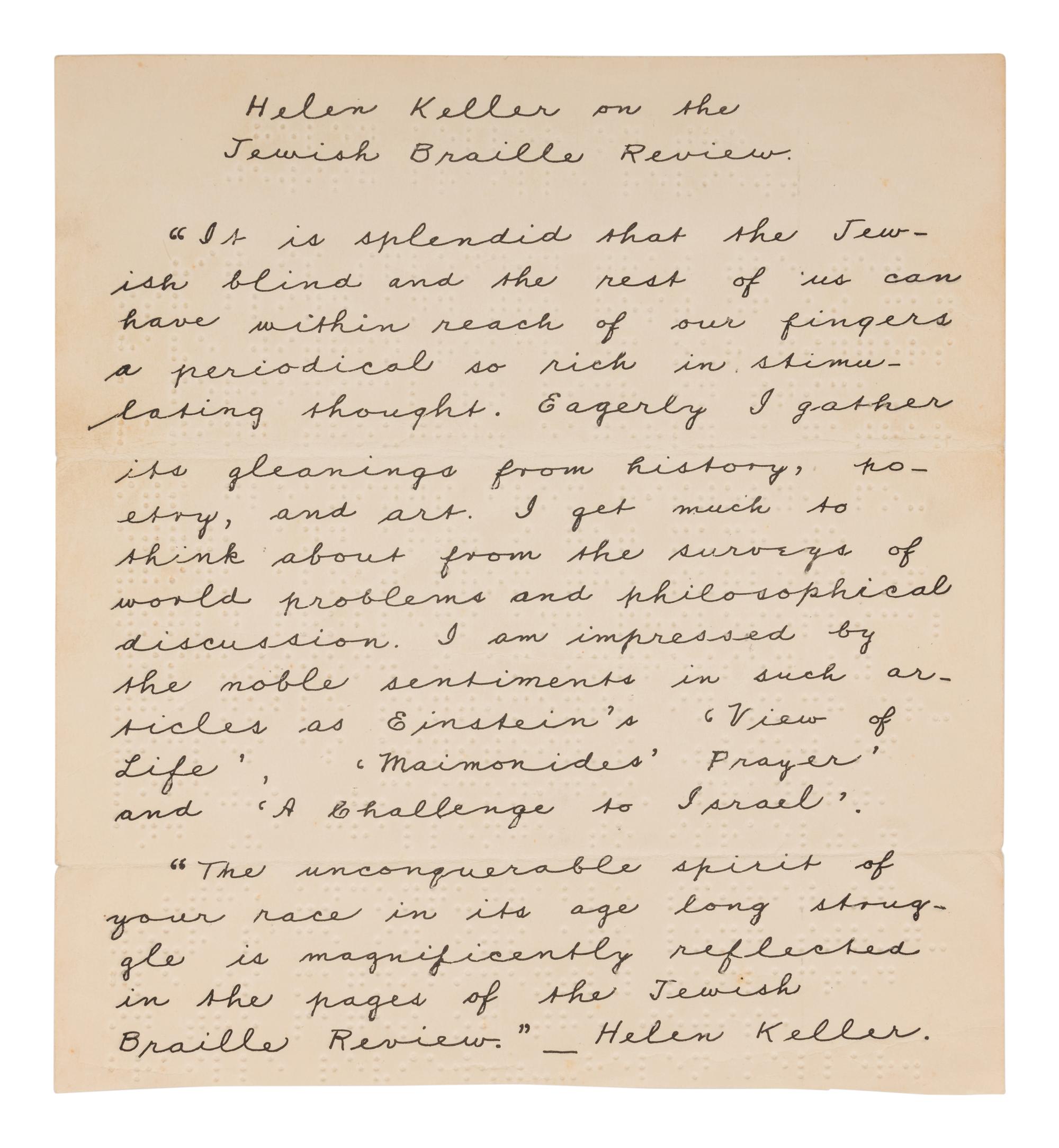 KELLER, Helen Adams (1880-1968). A group of 6 items related to Keller’s work later in life, comprising: