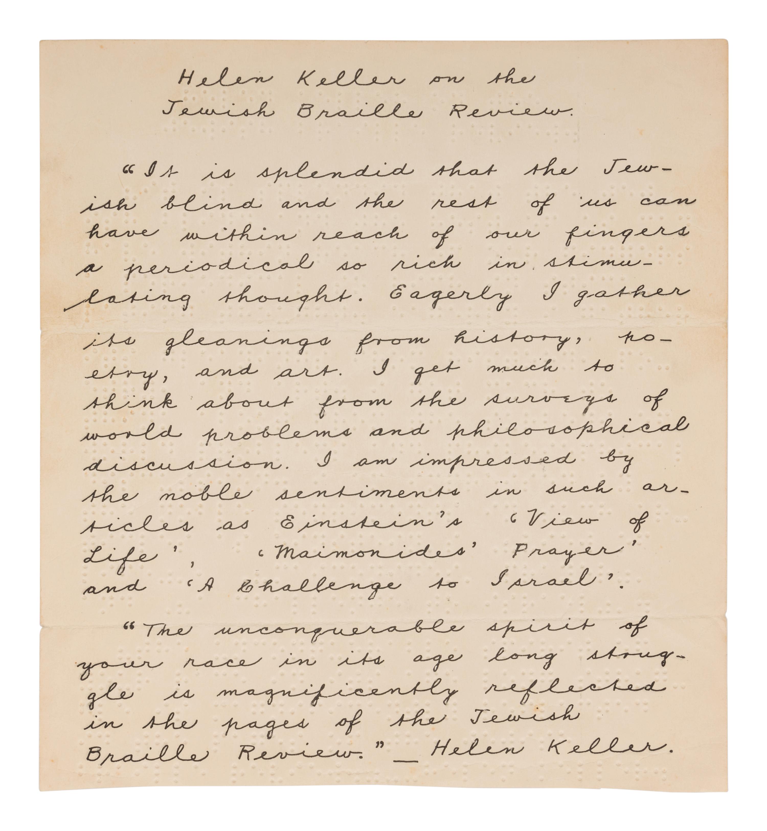 KELLER, Helen Adams (1880-1968). A group of 6 items related to Keller’s work later in life, comprising: