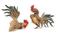 A Pair of French Polychrome Tole Roosters Height 15 inches. — 19TH CENTURY