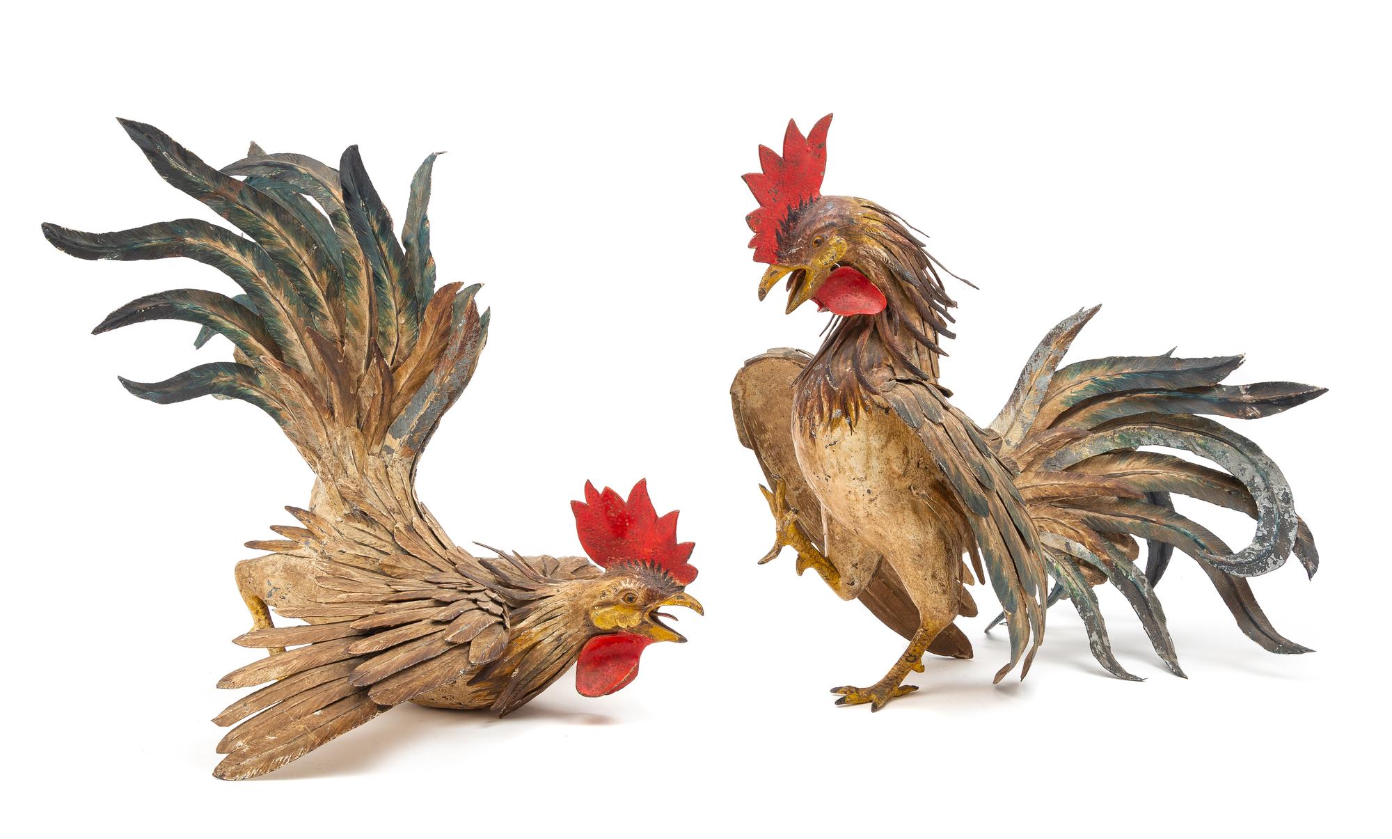 A Pair of French Polychrome Tole Roosters Height 15 inches. — 19TH CENTURY