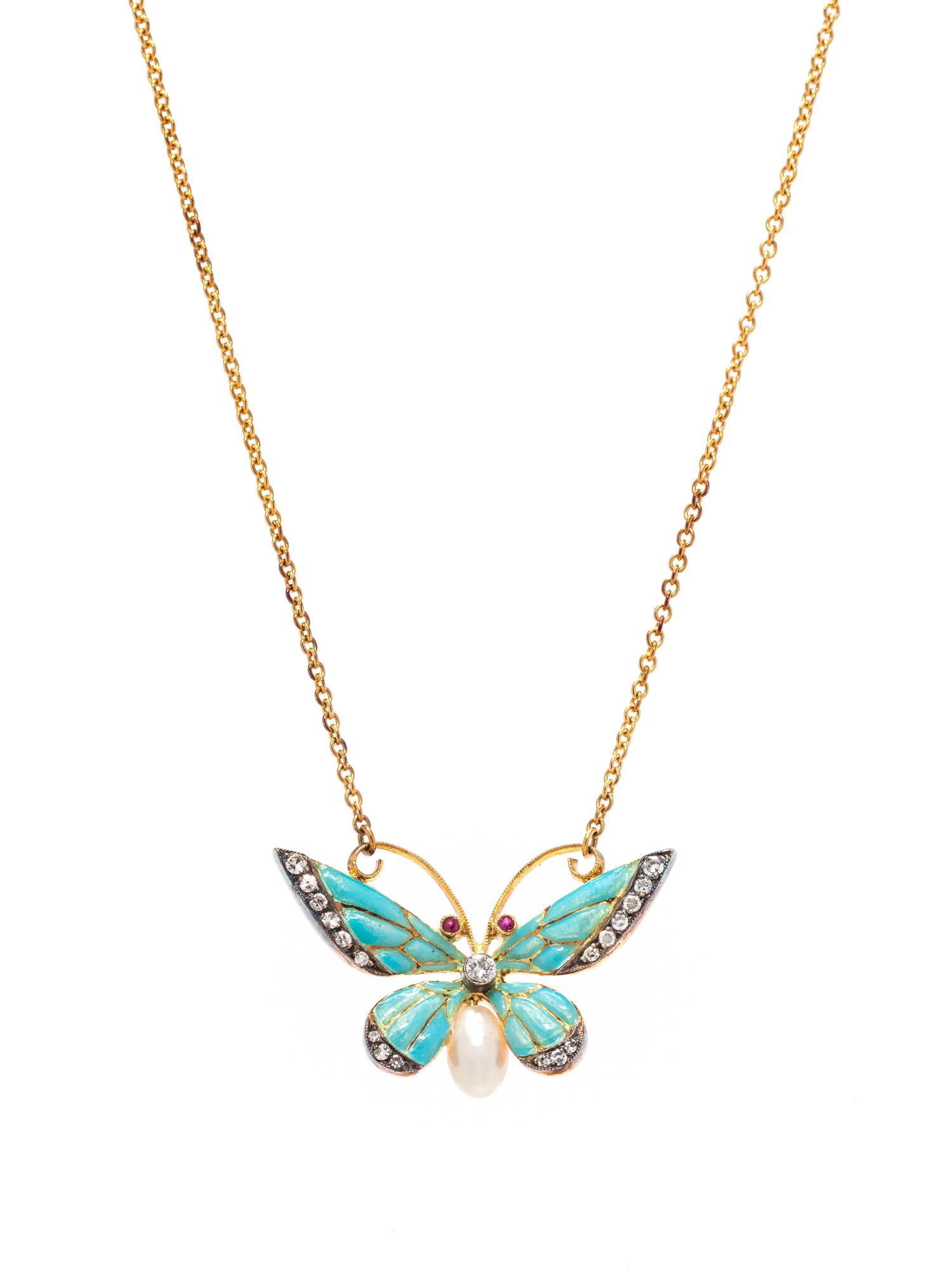 DIAMOND, ENAMEL AND CULTURED PEARL BUTTERFLY PENDANT/NECKLACE