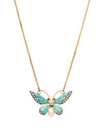 DIAMOND, ENAMEL AND CULTURED PEARL BUTTERFLY PENDANT/NECKLACE
