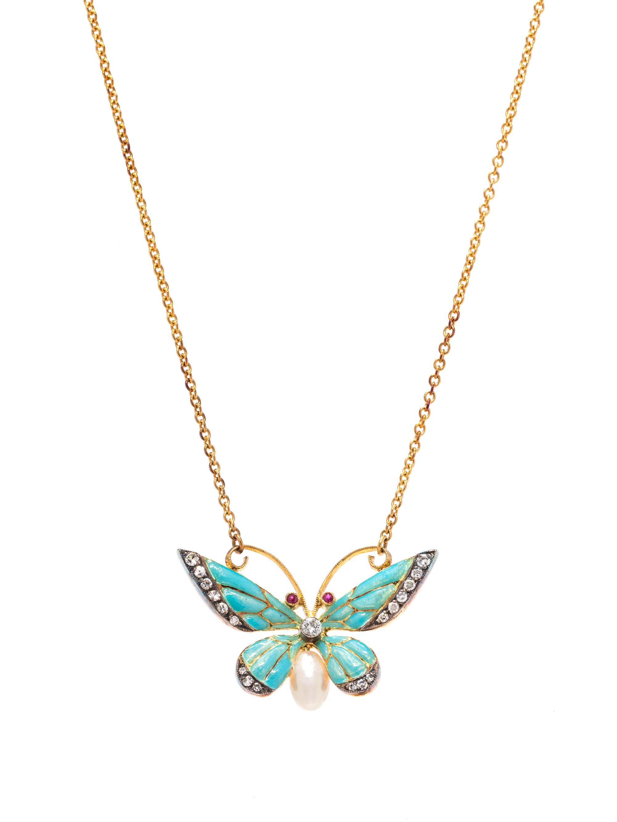 DIAMOND, ENAMEL AND CULTURED PEARL BUTTERFLY PENDANT/NECKLACE