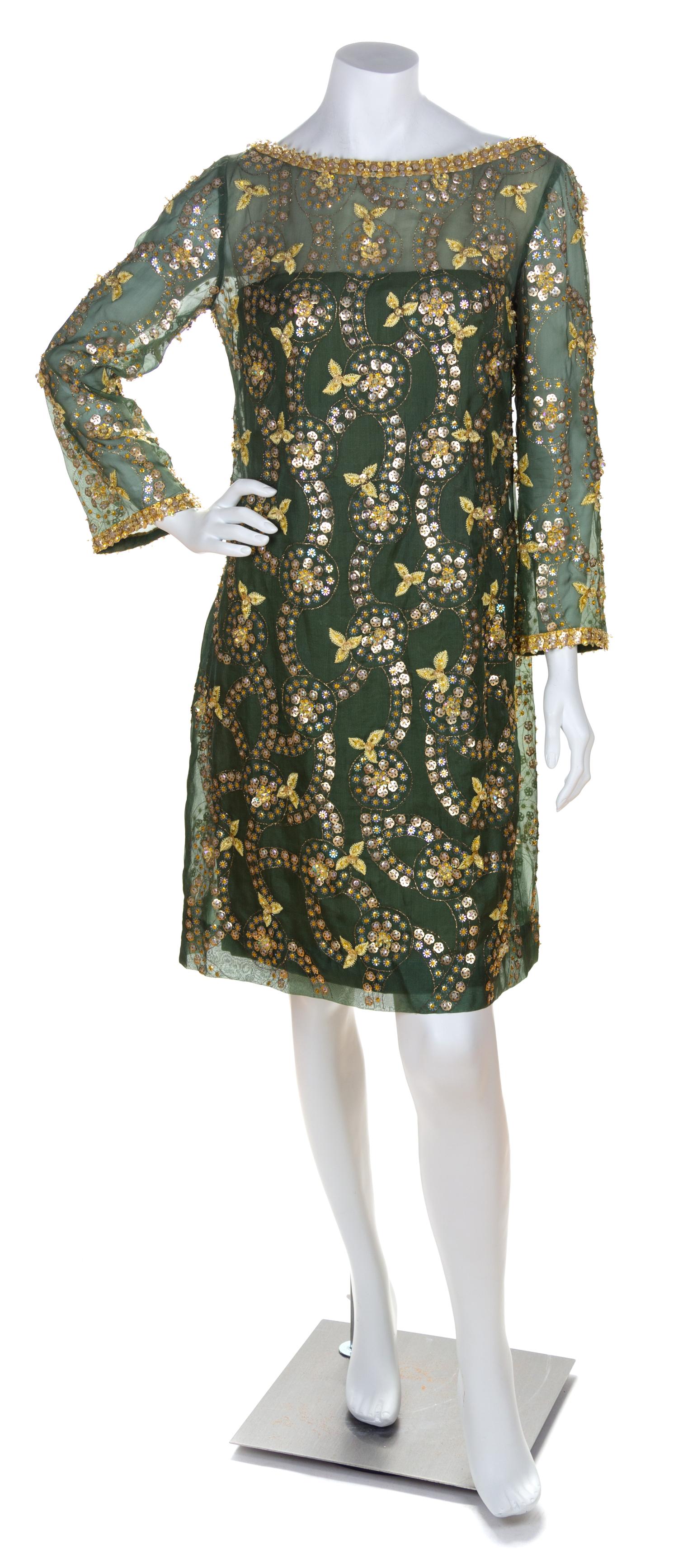 A Malcolm Starr Green Silk Sequin Cocktail Dress, No size.