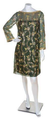 A Malcolm Starr Green Silk Sequin Cocktail Dress, No size.