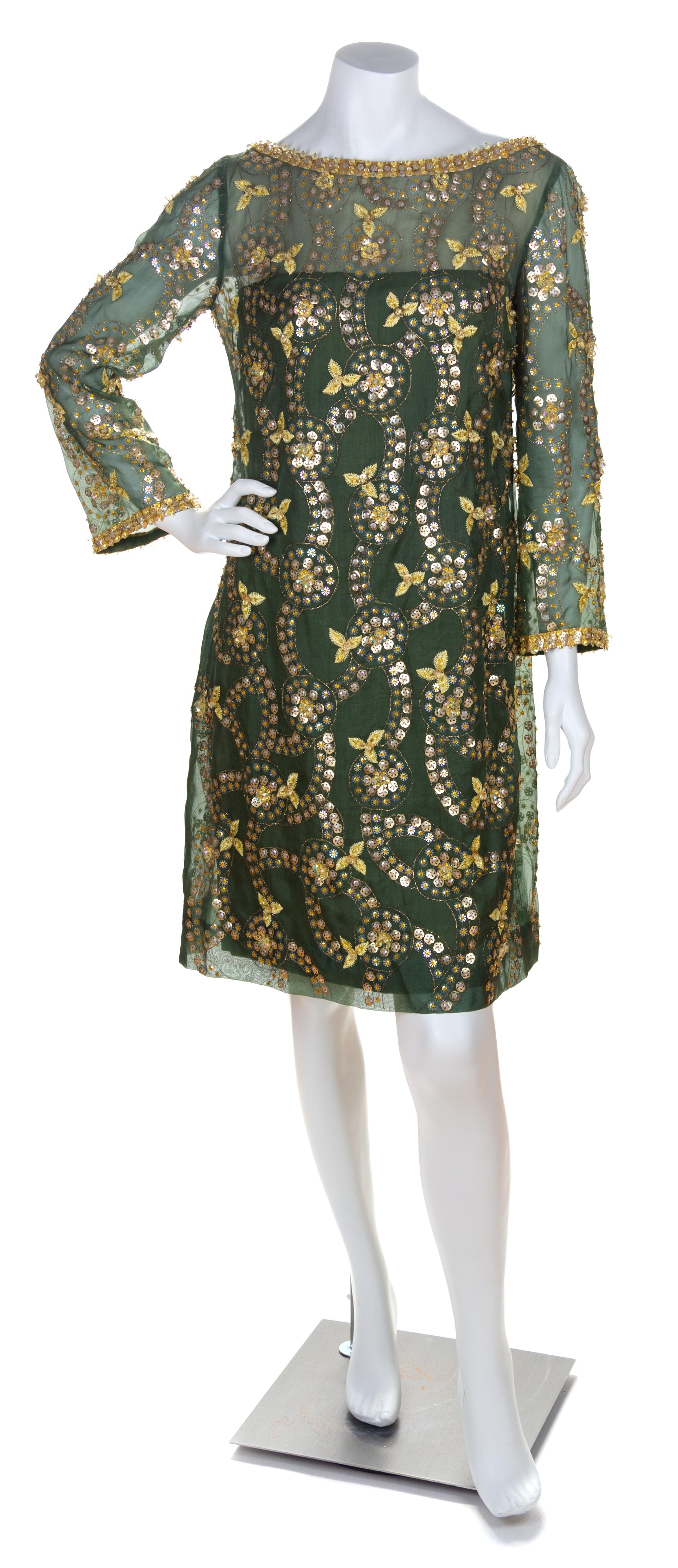 A Malcolm Starr Green Silk Sequin Cocktail Dress, No size.