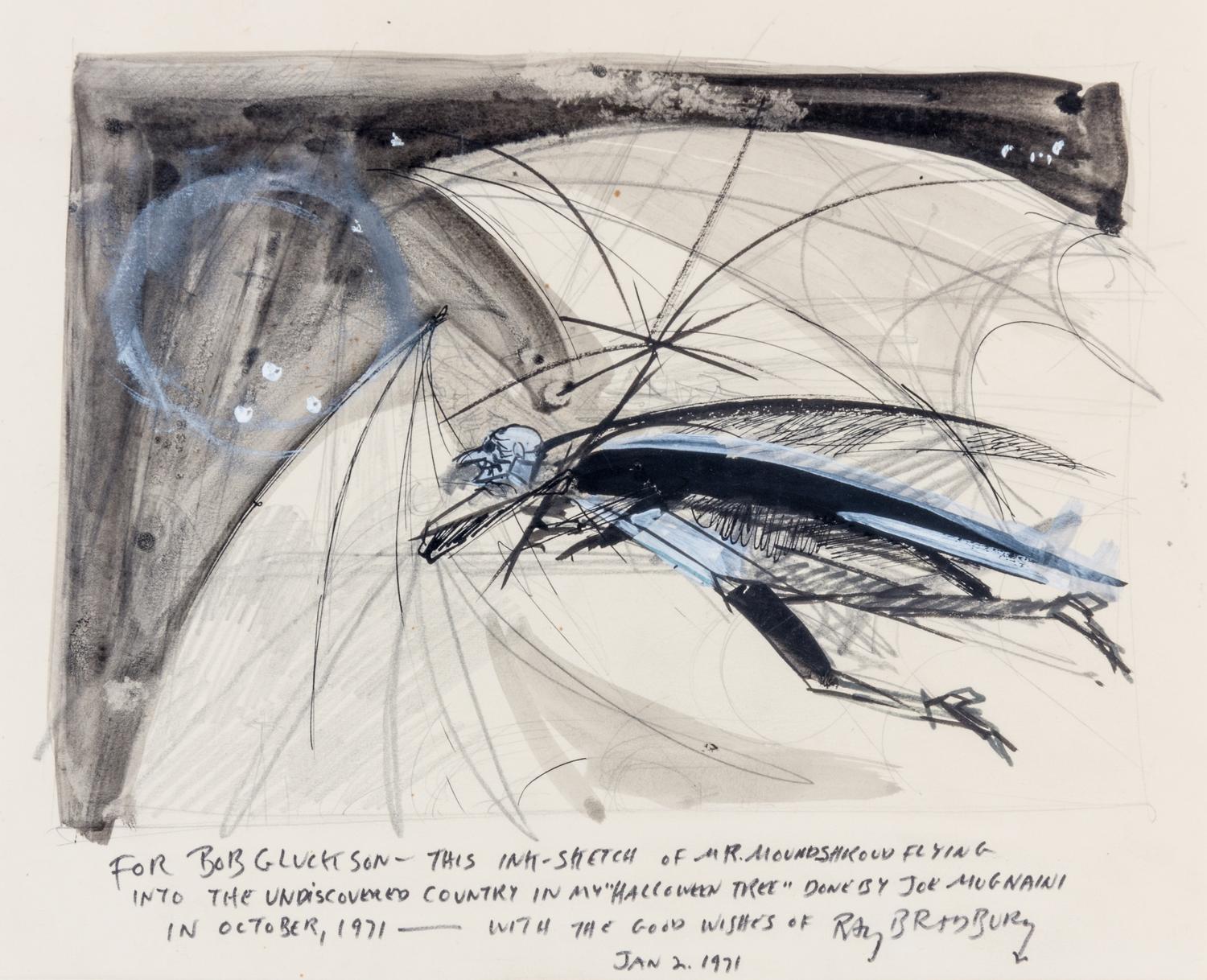 (BRADBURY, RAY) MUGNAINI, JOSEPH. Dr. Moundshroud, ink-and-gouache sketch from The Halloween Tree, 1971. Inscribed by Bradbury.