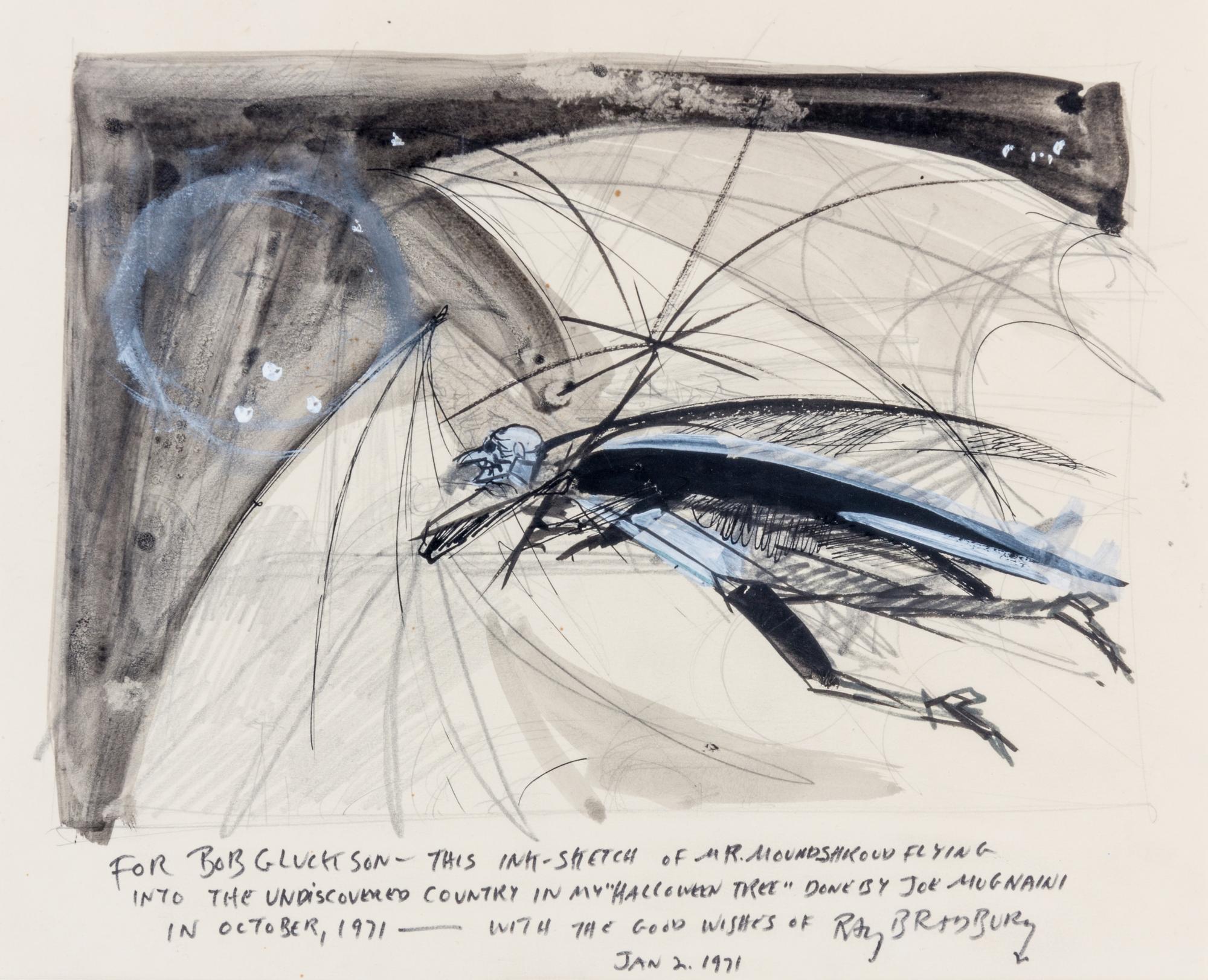 (BRADBURY, RAY) MUGNAINI, JOSEPH. Dr. Moundshroud, ink-and-gouache sketch from The Halloween Tree, 1971. Inscribed by Bradbury.