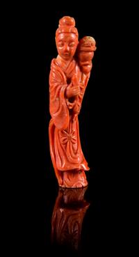 A Small Coral Carving of a Female Immortal Height 3 inches.
