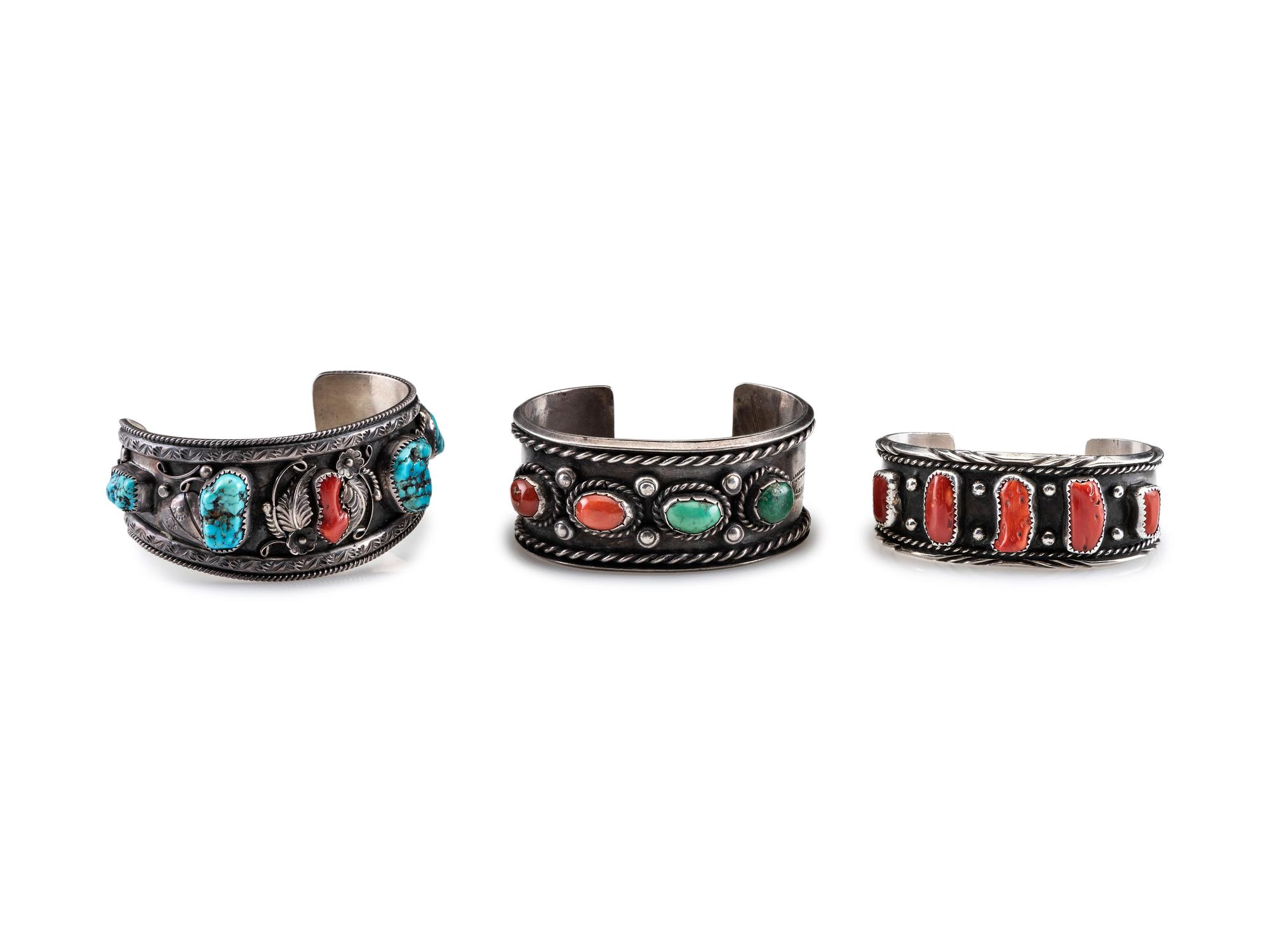 Navajo Silver, Coral, and Turquoise Cuff Bracelets