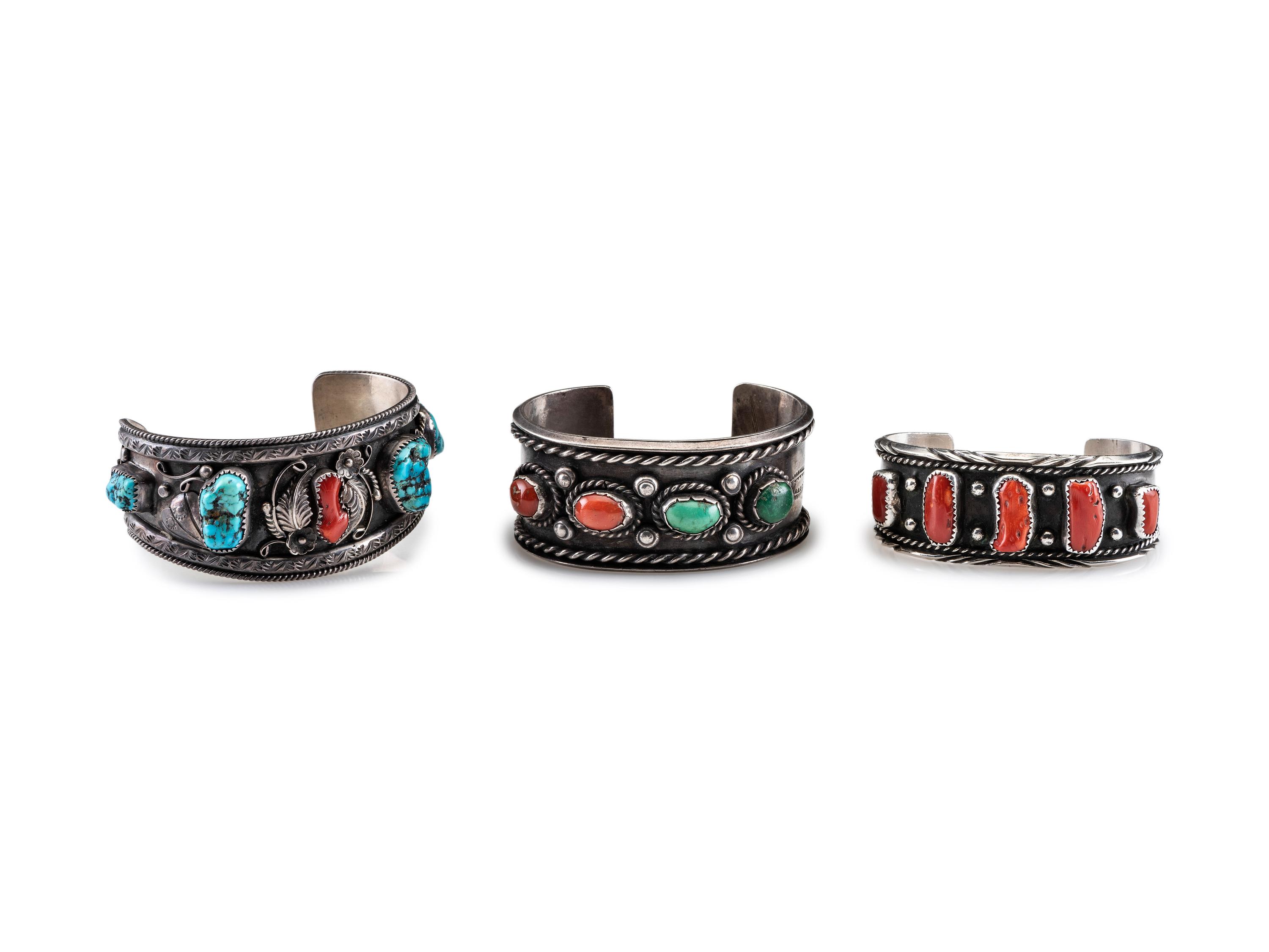 Navajo Silver, Coral, and Turquoise Cuff Bracelets