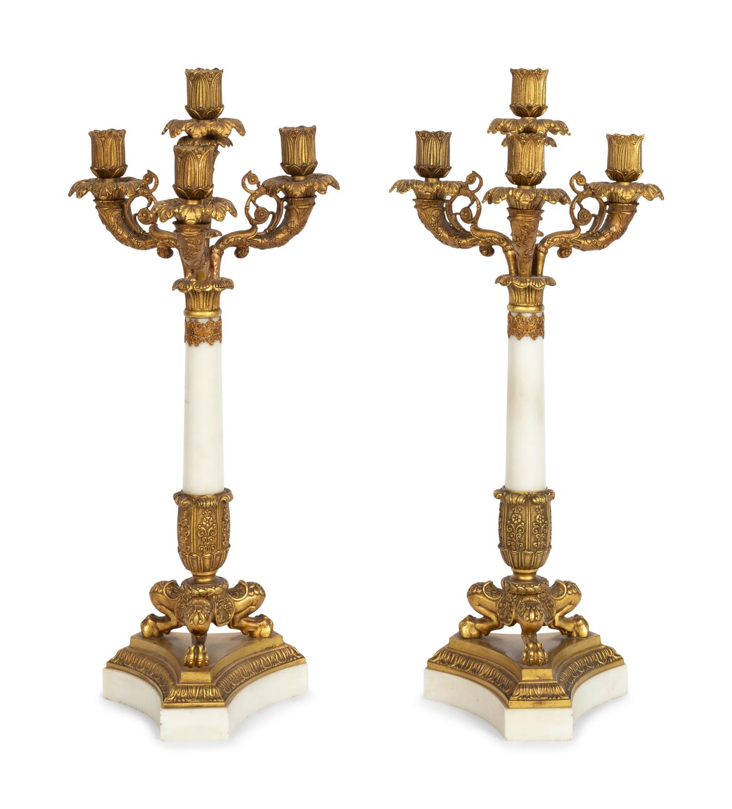 A Pair of Charles X Style Gilt Metal and Marble Four-Light Candelabra