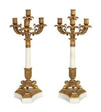 A Pair of Charles X Style Gilt Metal and Marble Four-Light Candelabra