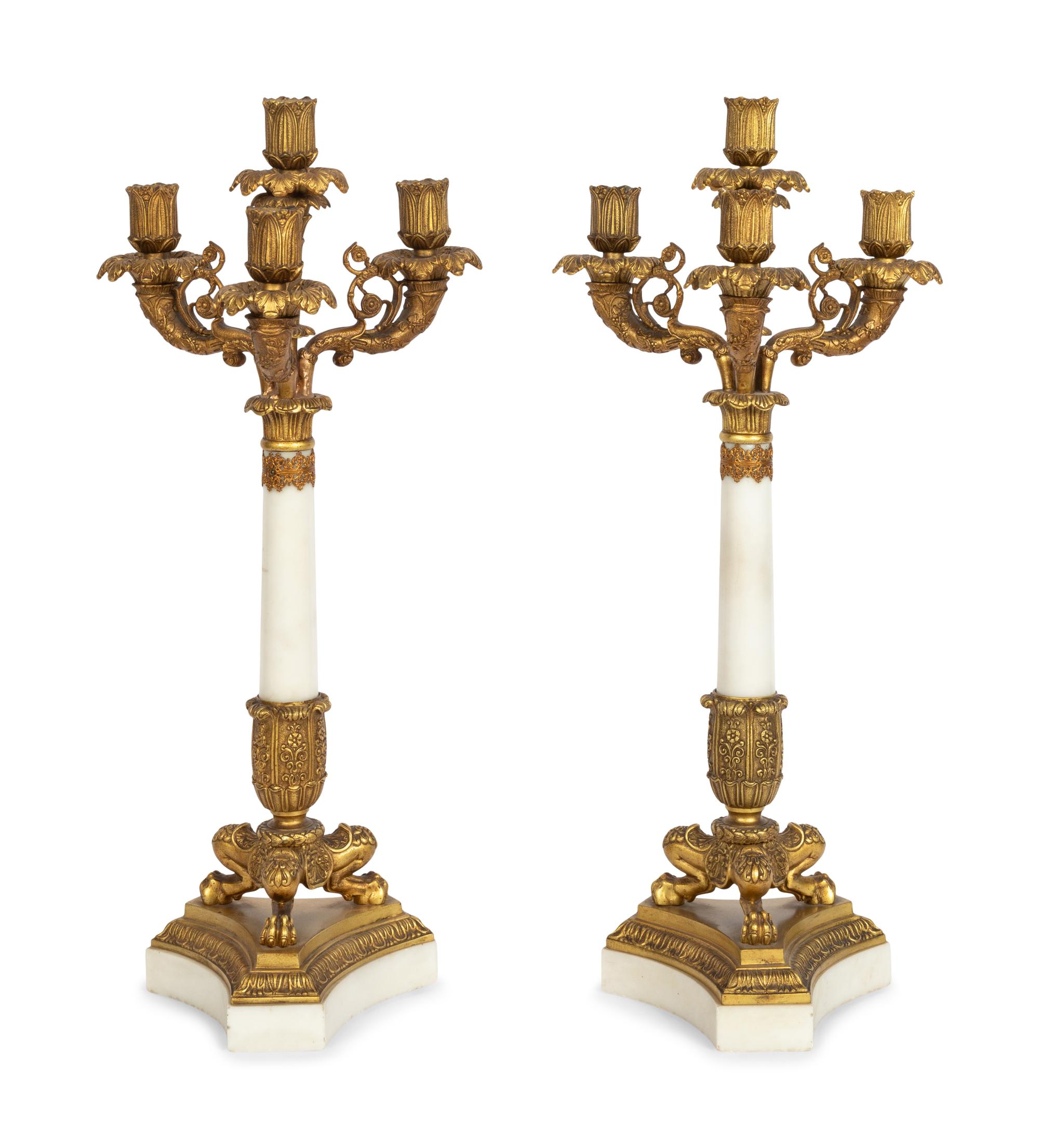 A Pair of Charles X Style Gilt Metal and Marble Four-Light Candelabra