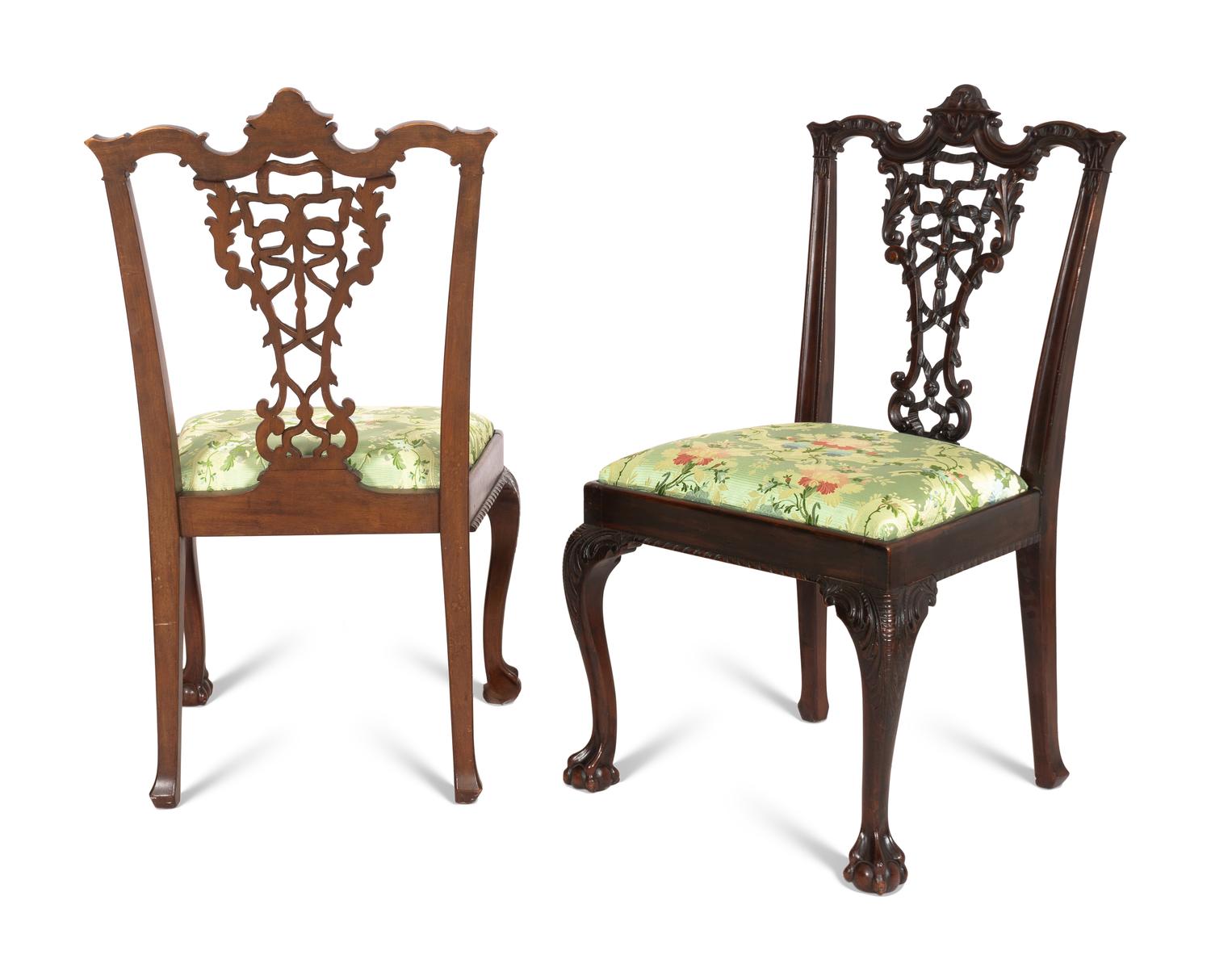 A Pair of George III Style Ribbon-Carved Mahogany Side Chairs