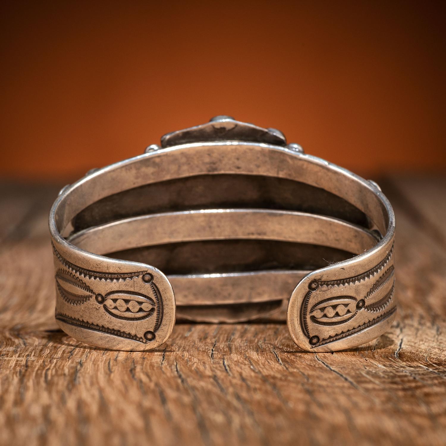 Navajo Stamped Silver and Turquoise Cluster Cuff Bracelet