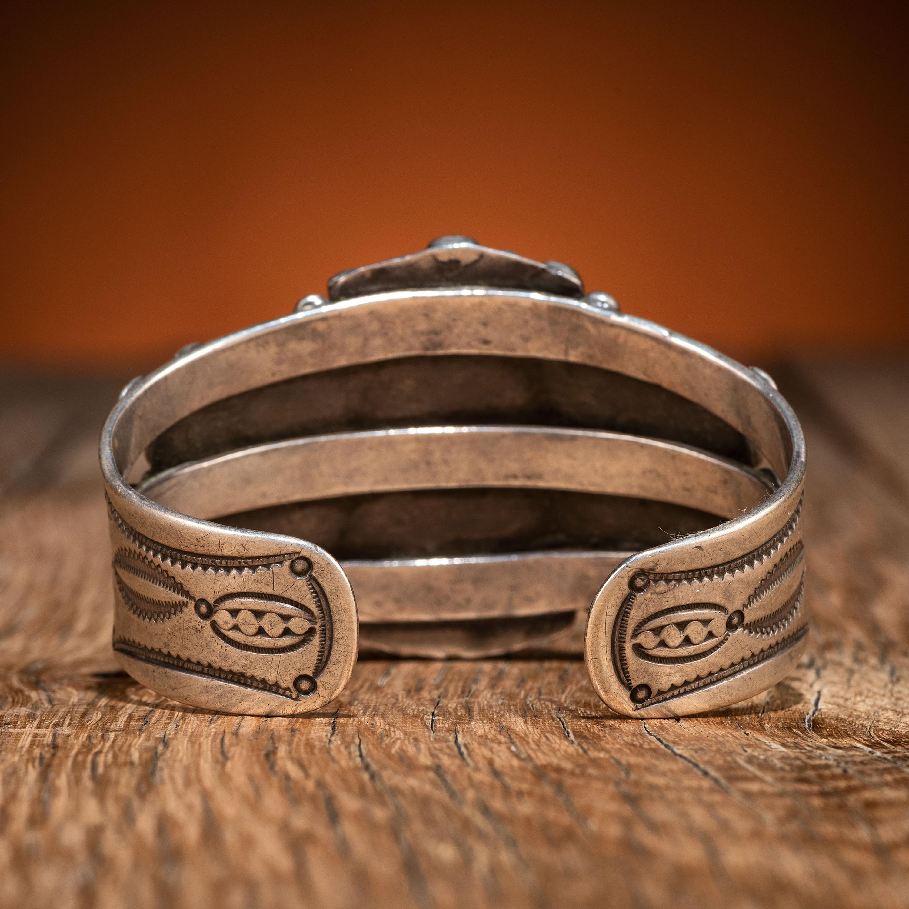 Navajo Stamped Silver and Turquoise Cluster Cuff Bracelet