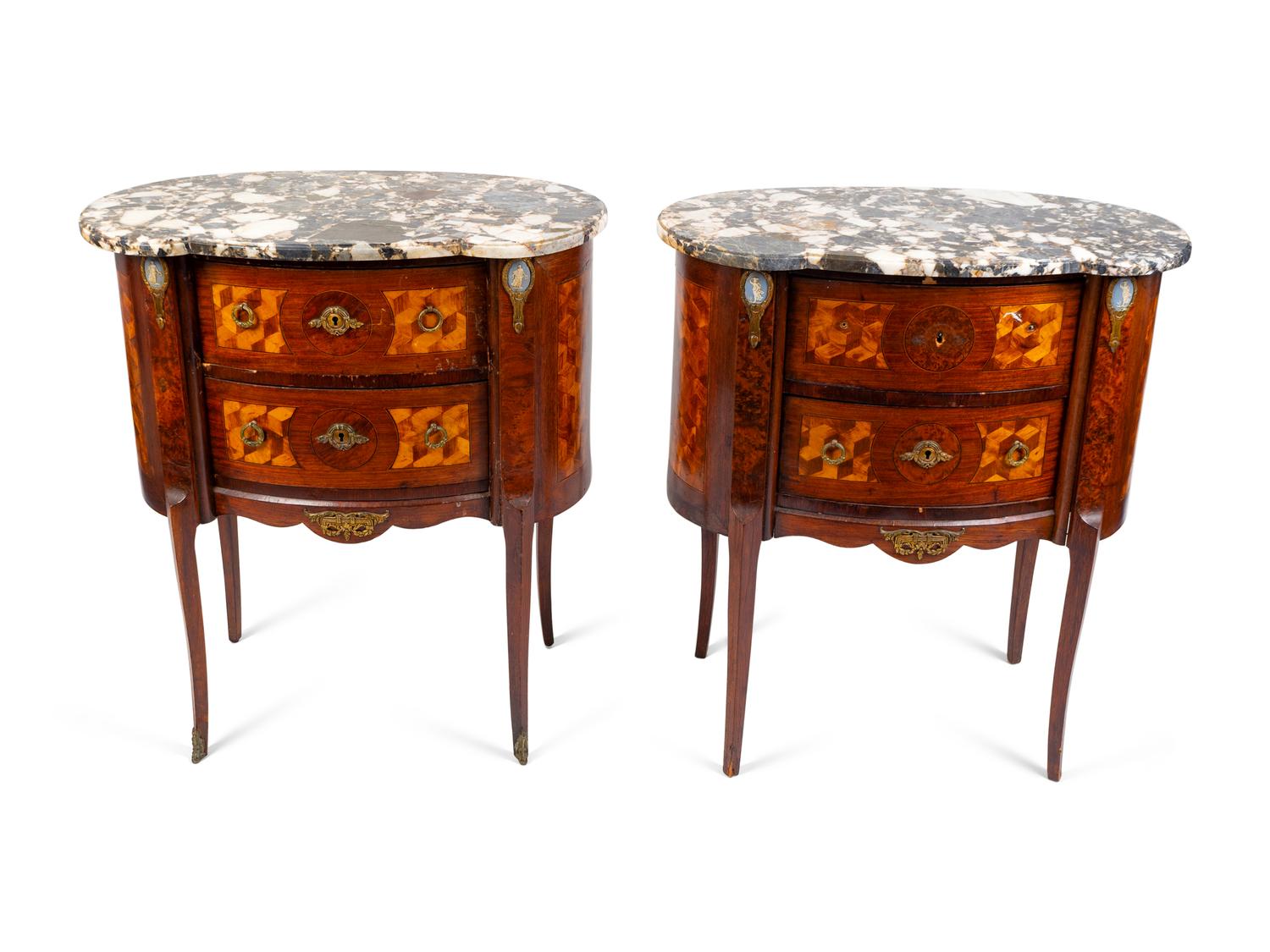 A Pair of Louis XV/XVI Transistional Style Parquetry Inlaid Marble Top Side Cabinets — 20TH CENTURY