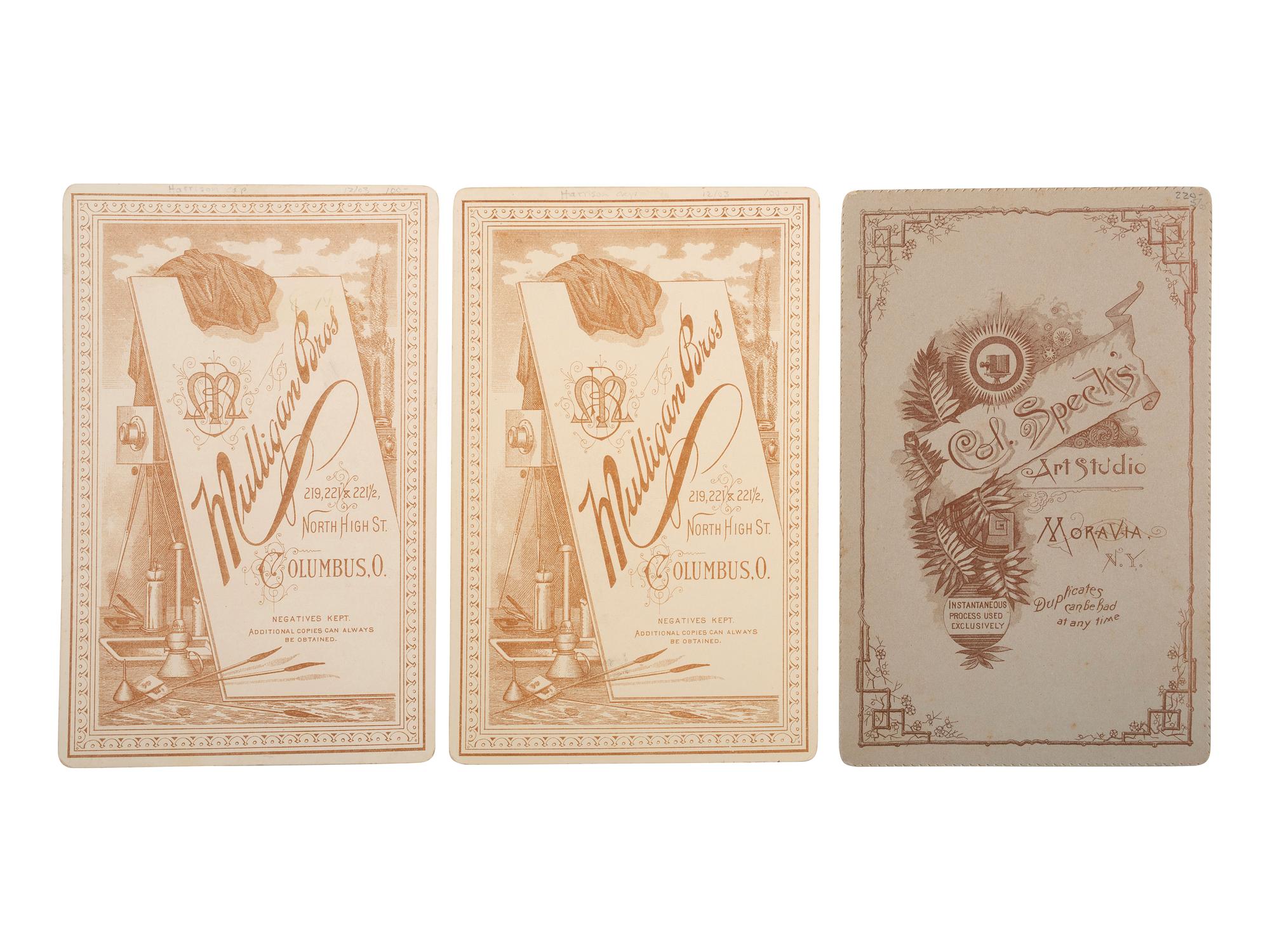 [BENJAMIN HARRISON]. A group of cabinet card portraits featuring campaign badges, flags, and pins, comprising: