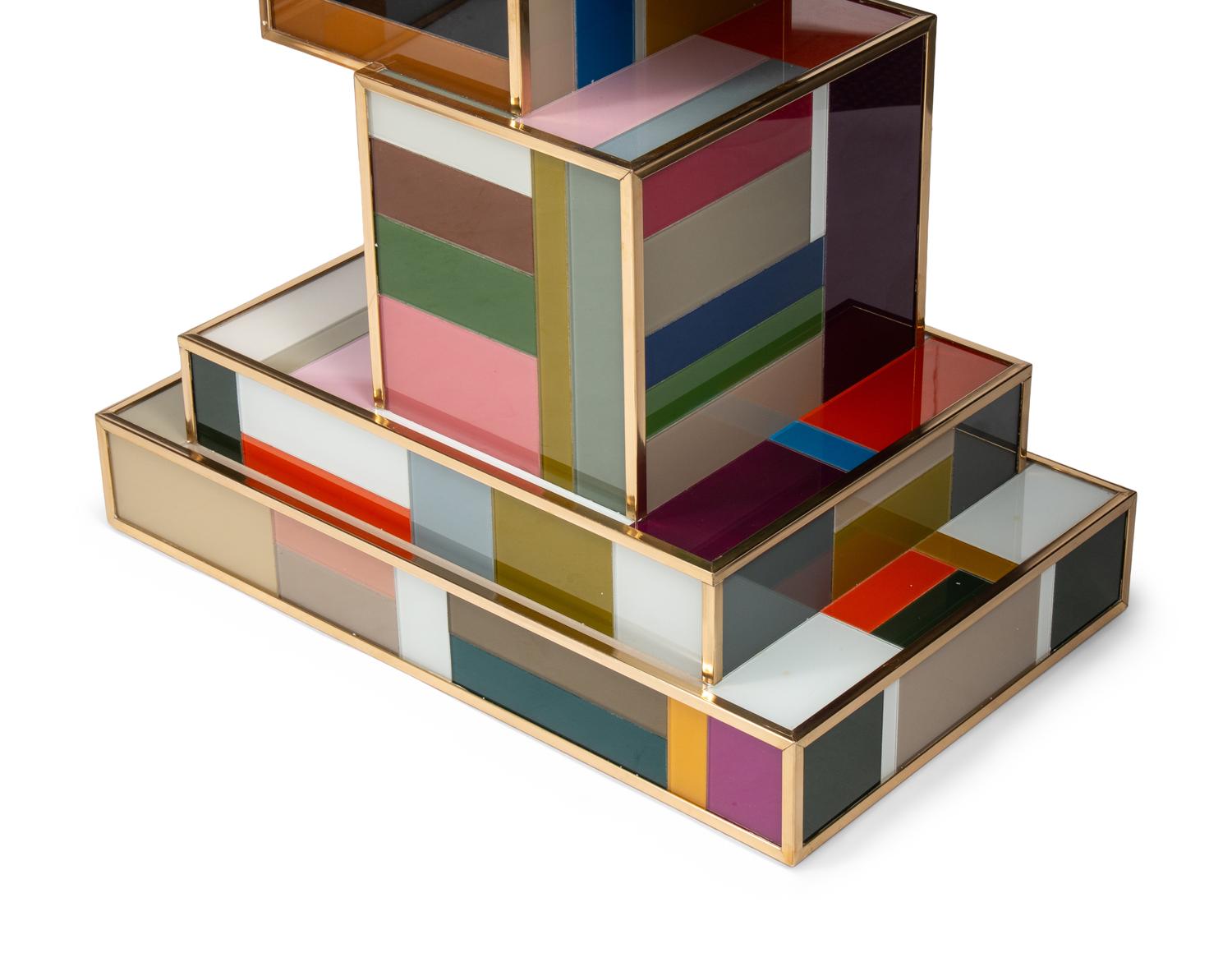 A Pair of Modernist Brass and Polychrome Glass Console Tables