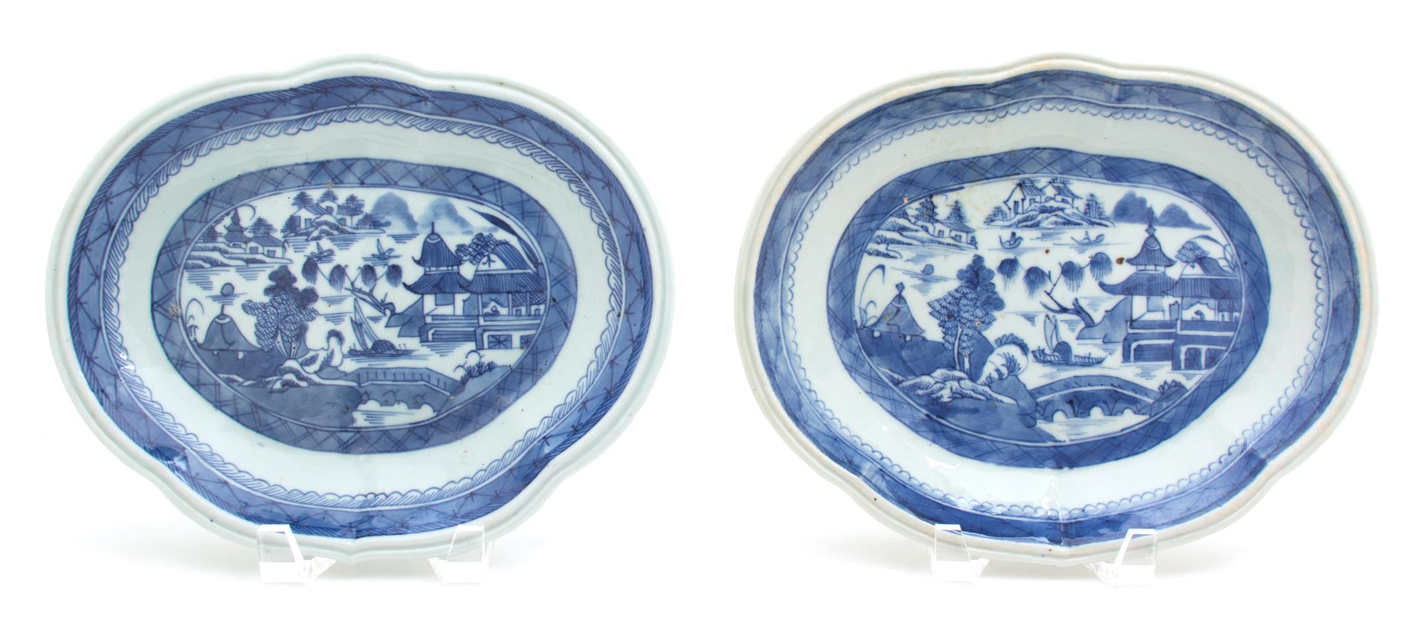 Two Chinese Canton Blue and White Porcelain Shaped Dishes Length of larger 10 5/8 inches. — 19TH CENTURY