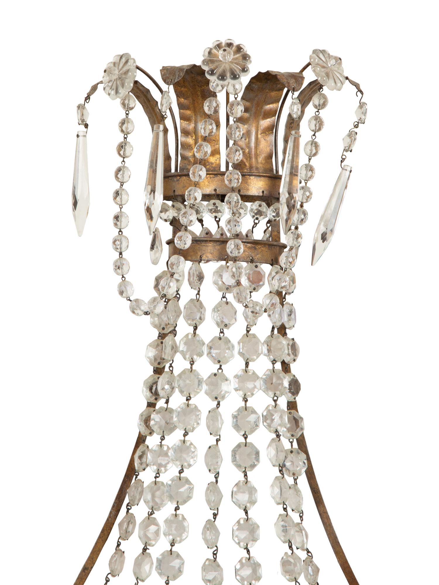 A Pair of Neoclassical Gilt Metal Three-Light Sconces Hung with Cut Glass Beaded Swags