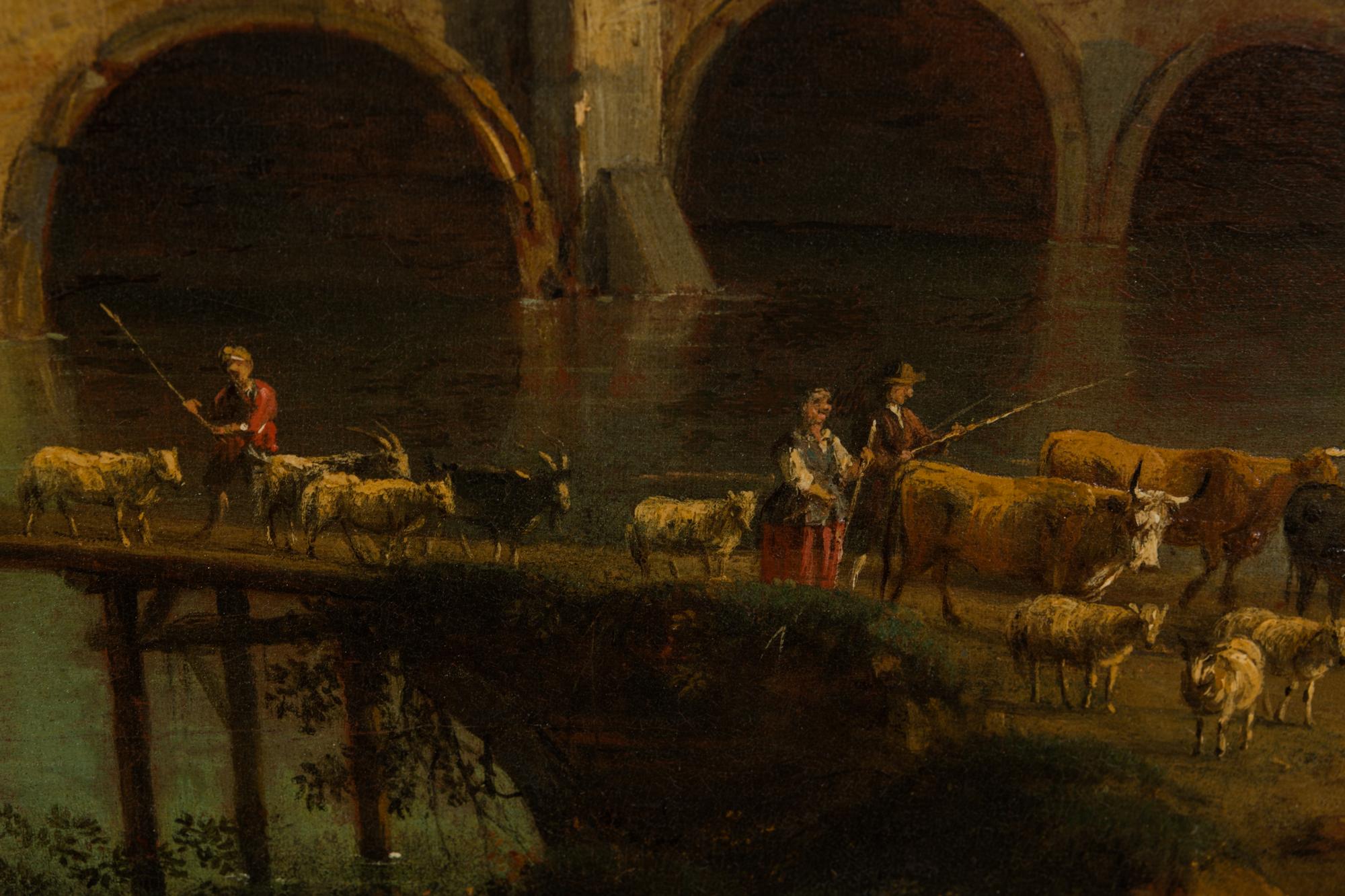 Landscape along the Brenta with a stone bridge, shepherds and herds , early 1740s